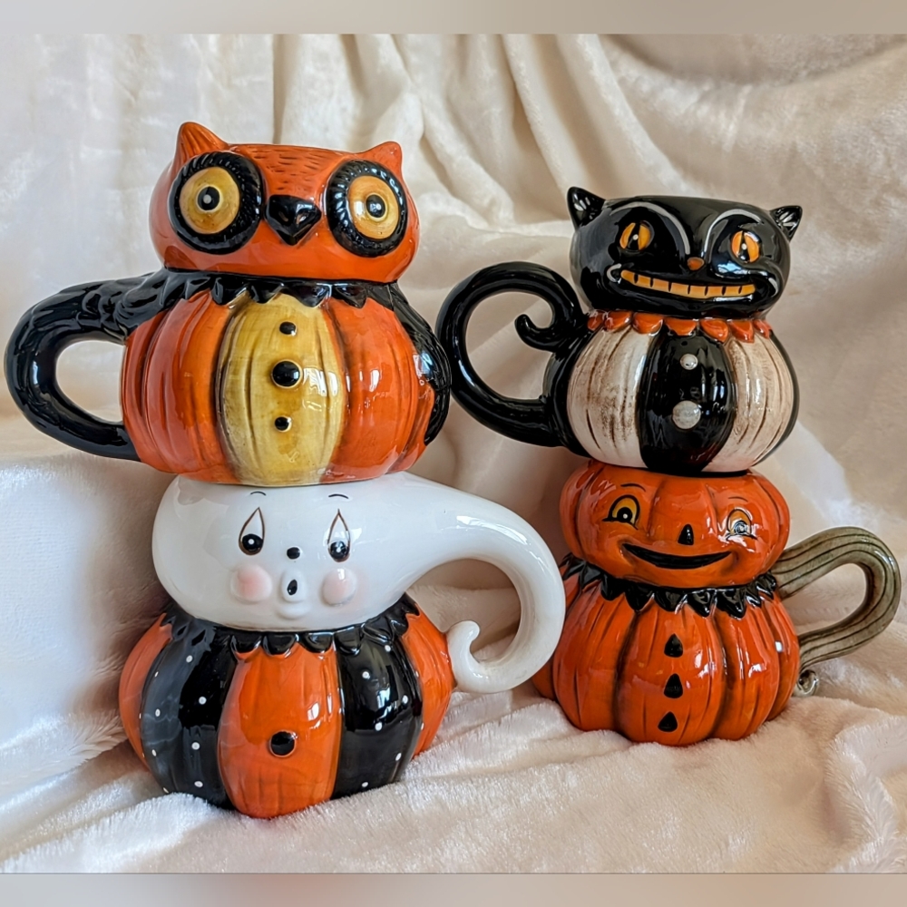 ✨ SOLD ✨Johanna Parker Pumpkin Peeps 4 Mug Set-Ceramic Halloween Vintage Fall
